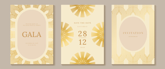 Luxury cream and gold art deco gala invitation card set vector. Geometric line border templates for wedding, save the date, VIP party, formal event and elegant stationery design.