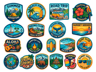 Naklejka premium Collection of retro travel and adventure patches with summer vacation themes