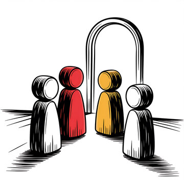 Four colorful peg figures gathered before an archway entrance with different individual gathering contrast abstract conceptual separation connection follower perspective entrance decision