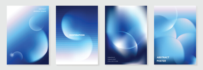 Futuristic dark blue abstract poster set vector. Cyber glow rounded geometric gradient templates for technology event, music cover, digital design and modern background.