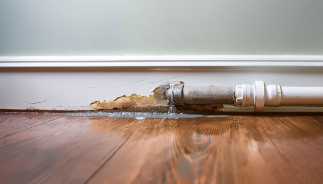close up of accumulated water on a baseboard indicating a hidden pipe leak causing paint peeling mold growth and interior water damage