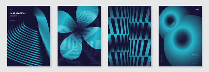 Fototapeta na wymiar Abstract teal and navy gradient poster set vector. Futuristic geometric line backgrounds with glowing shapes for technology event, music cover, digital flyer and modern graphic design.