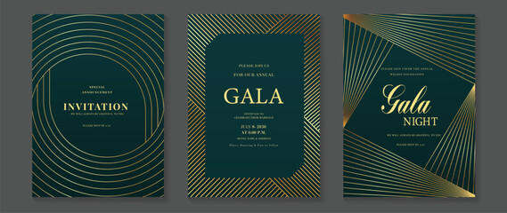 Fototapeta na wymiar Luxury jade and emerald green gala invitation card set vector. Art deco gold geometric line templates for wedding, party, corporate event, VIP celebration and formal night design.