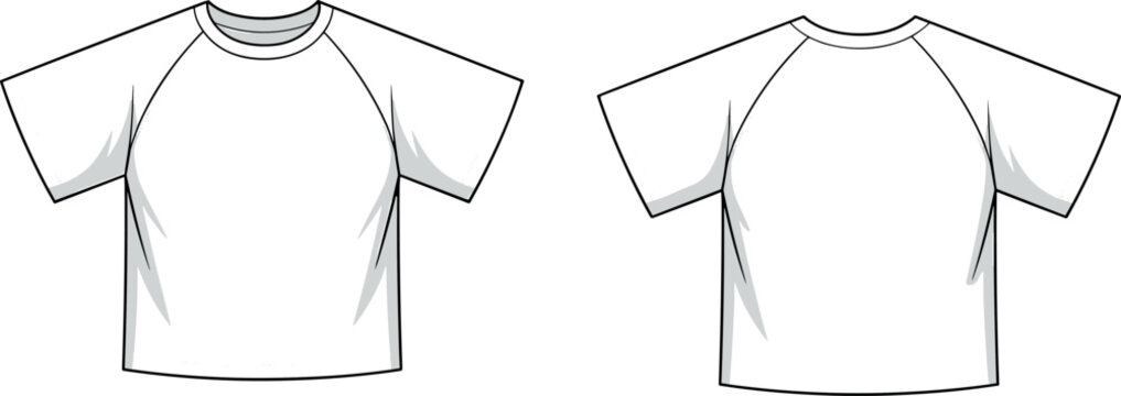 Technical flat sketch of a women's raglan sleeve short sleeve t-shirt vector illustration with front and back views for apparel design tech packs.