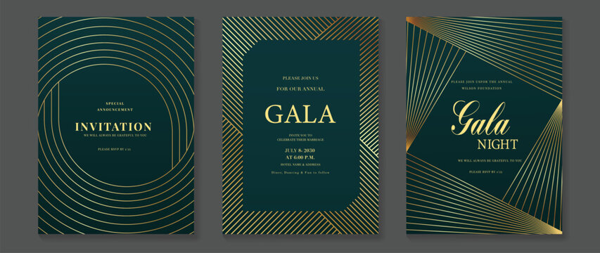 Luxury jade and emerald green gala invitation card set vector. Art deco gold geometric line templates for wedding, party, corporate event, VIP celebration and formal night design.