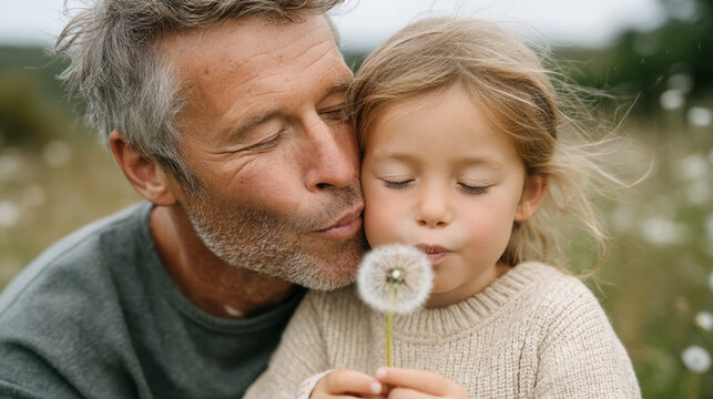 Elderly caucasian male enjoying nature with young female child blowing dandelion outdoors
