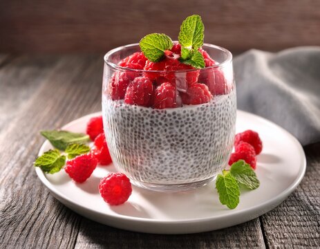 chia pudding with fresh raspberries and mint leaves in elegant glass dessert