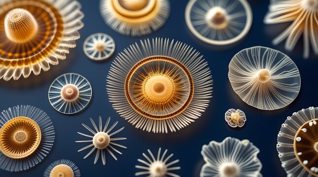 Large Golden Radiolarian Diatom with Diverse Microplankton Species, Marine Science 3D Illustration