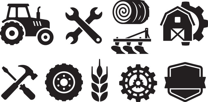 Icons representing agriculture and farming, featuring a tractor, crops, and farming implements