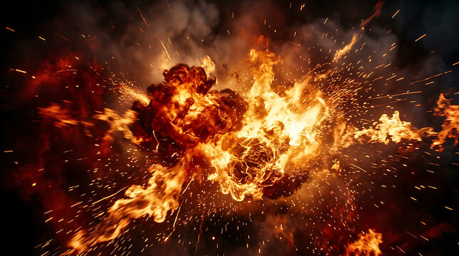 Fiery explosion with sparks and smoke explosion destruction combustion