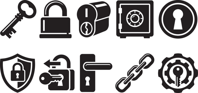 Solid icons of security and locksmithing, showcasing keys, padlocks, and a safe