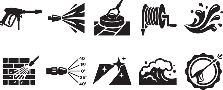 Silhouette icons of pressure washing and power cleaning services featuring water jets