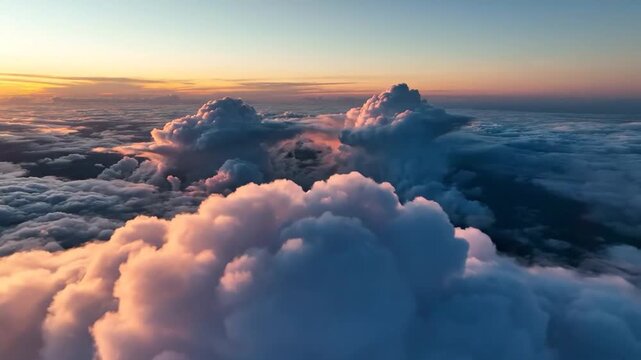 Aerial view of fluffy white and pink clouds illuminated by the golden light of a setting sun creating a serene and sky panorama