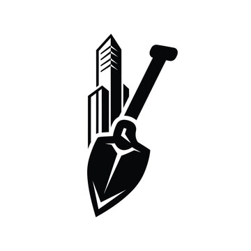 Modern Urban Construction and City Development Logo Icon with Shovel and Skyscraper Silhouette, Building Foundation and Real Estate Growth Concept
