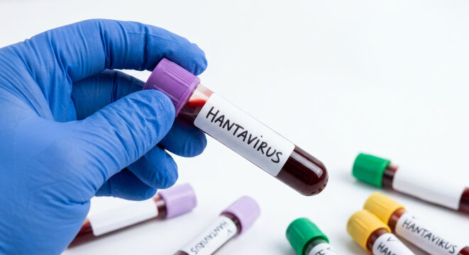 Doctor hand in blue glove holding blood vial sample with Hantavirus title inscription text. Clinical test laboratory and virus diagnosis.