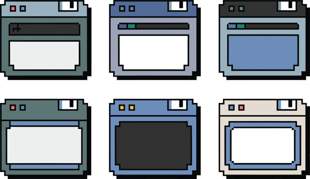 Pixel art computer window frames in various colors with browser bars and tabs for retro interface design and web layout