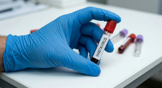 Doctor hand in blue glove holding blood vial sample with Hantavirus title inscription text. Clinical test laboratory and virus diagnosis.