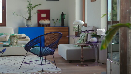 Elegant living room corner with contemporary seating, decorative pillows, indoor plants, and curated objects creating calm inviting atmosphere in bright domestic space © Marco