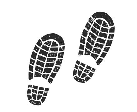 Human footprint silhouette linocut. Textured grunge Imprint soles shoes. Footwear pattern design. 
