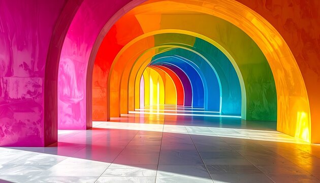 An endless rainbow archway hallway with vibrant colorful arches receding into bright light, abstract architecture, and modern design concepts, conveying hope and optimism