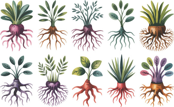 Set of vegetable plants with exposed roots watercolor style isolated vector collection on transparent background