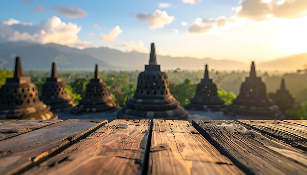 Ancient Buddhist stupas at Borobudur temple complex at sunrise, lush green jungle landscape and rolling hills background, serene travel destination, spiritual heritage site