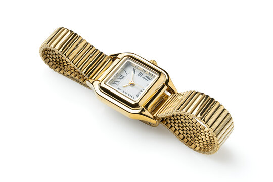 An elegant vintage gold women's wristwatch with a square dial, Roman numerals, and a flexible bracelet, on a white background. Luxury jewelry for women. Full depth of field.