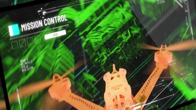FPV drone maneuvering through a hostile military base, first-person view