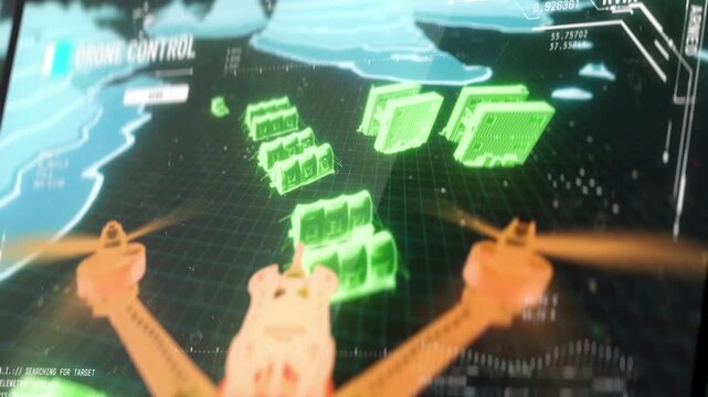 FPV drone flight from personal perspective, simulation displayed on monitor