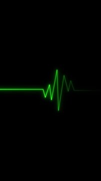 Green neon heartbeat EKG line with flatline section. Green neon heartbeat EKG line. Green neon heartbeat EKG on dark background.