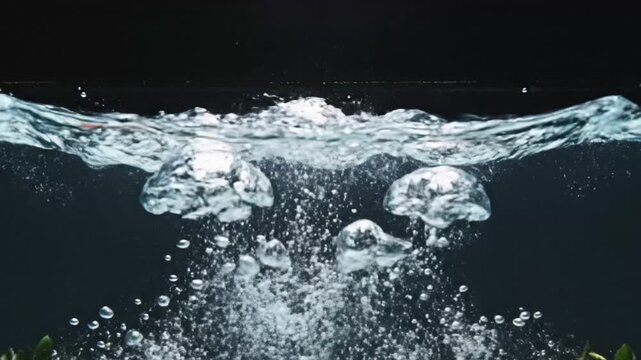 4k shot macro bright red strawberries drop in clear water splash and bubbles against black background.
