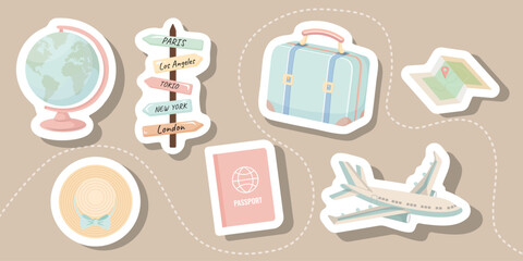 Travel sticker set vector illustration with suitcase, airplane, globe, passport and map. Flat cartoon collection for vacation planning, tourism scrapbooking, and adventure journey designs © Iryna Prokopovych 