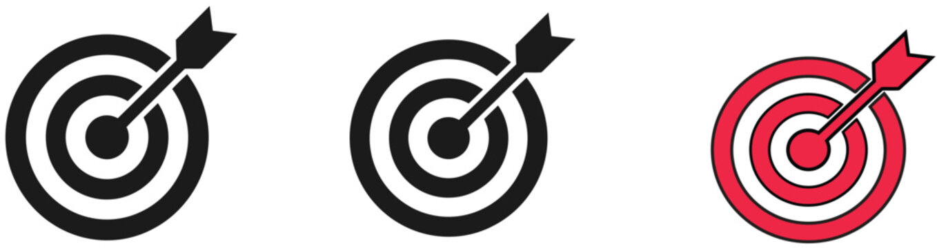 Target icon set, line and flat icon design, editable stroke and pixel perfect goal symbols, simple target with arrow and darts bullseye icons, clean stock vector illustration for apps, business goals,