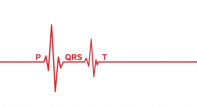 Red electrocardiogram line showing a heartbeat rhythm with p, qrs, and t wave labels on a solid black background