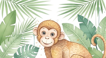 Obraz premium Cute baby monkey with tropical leaves watercolor illustration