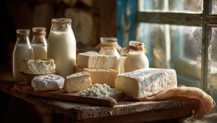 Fototapeta premium Rustic Dairy Products Assortment on Wooden Table Near Window.