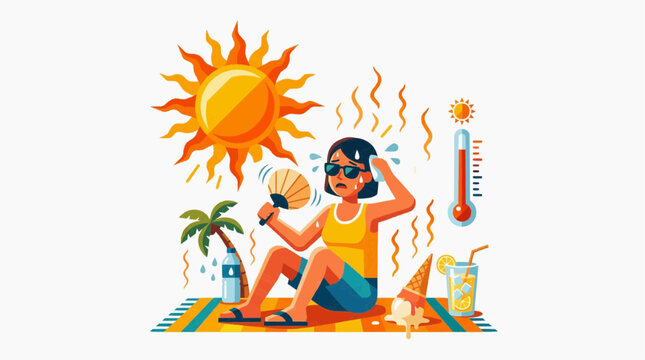 A person feeling hot, using a fan to cool down under the scorching sun. The summer heat is intense, leading to a feeling of discomfort