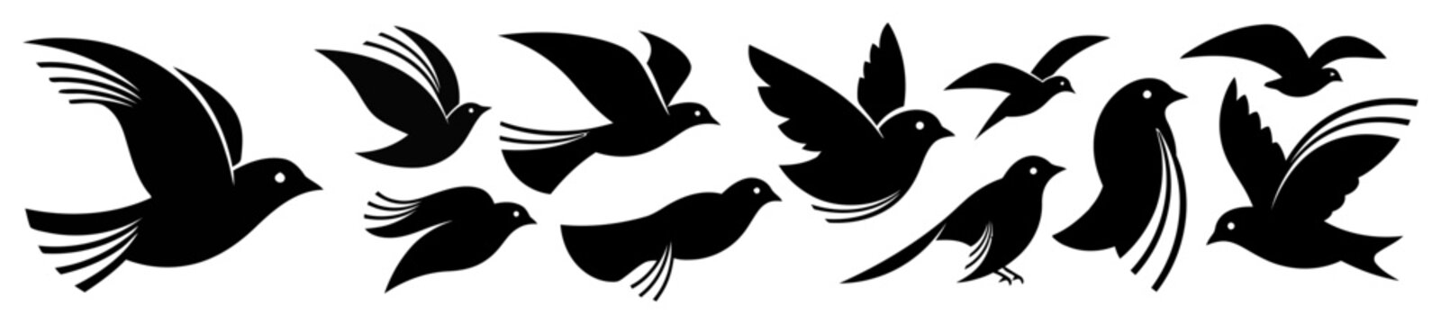 Collection of black bird silhouettes in flight