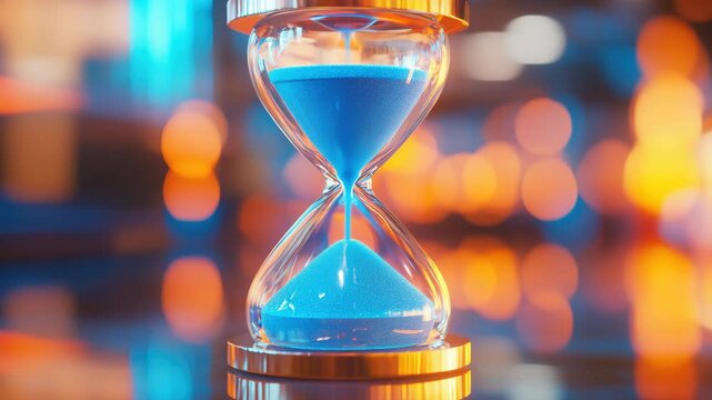 The captures a sense of timeless elegance as an hourglass, a symbol of passage and fleeting moments, rests atop a reflective surface.