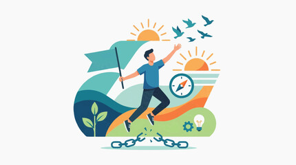 Fototapeta premium Freedom concept illustrated, a person breaking free from chains, birds fly towards the horizon, symbolizing liberation