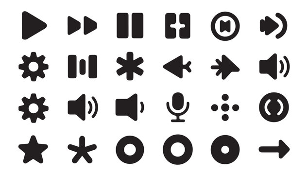 Media player control icons including play pause fast forward settings gear and audio levels.