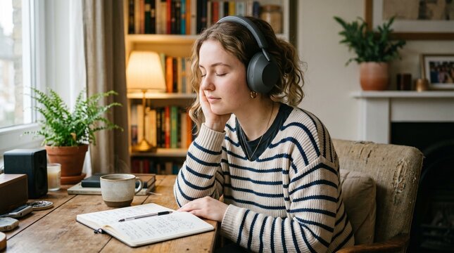 young woman listening to podcast or music on headphones at home
