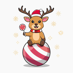 Naklejka premium Cute Cartoon Reindeer with Candy Cane Lollipop and Christmas Hat