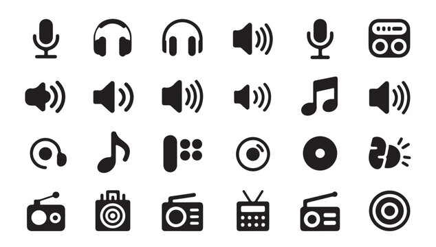 Set of music and sound icons microphone headphones speaker note radio cd player headphones.