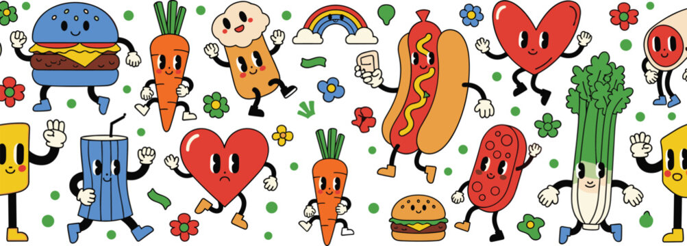 Retro groovy food character set featuring cute burger hotdog carrot celery soda and heart icons in vintage sticker style.