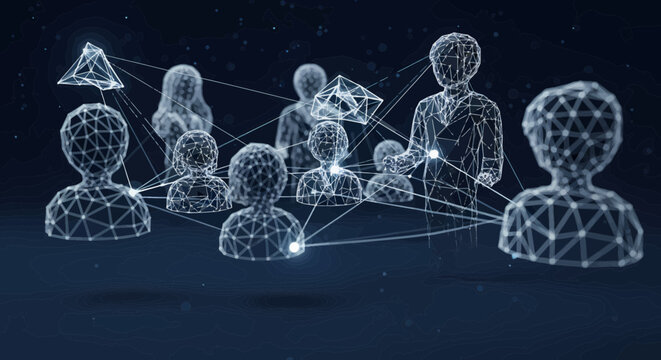 Human figures constructed from glowing nodes and lines illustrate a complex network of social connections and digital communication.