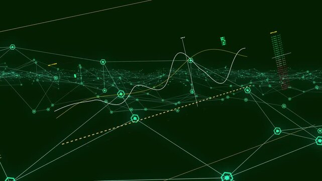 Camera pushing forward, 3D data net pulsing hex nodes, lighting dashed route to show data trends