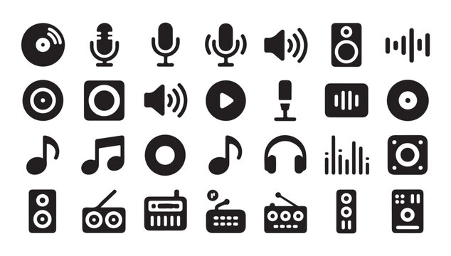 Digital audio player and studio recording symbols set for modern multimedia application design.