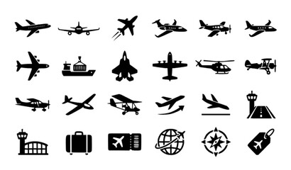 Airplane flat icon collection with passenger jet cargo and aviation symbols isolated on white © Rakibul