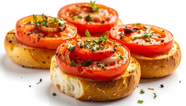 Appetizing tomato bruschetta on toasted bread slices with herbs and spices, isolated on white